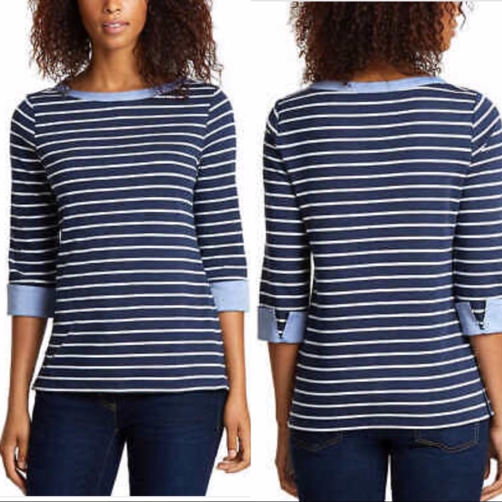 Nautica 3/4 Cuff Sleeve Top Shirt Navy Stripe